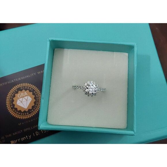 CERTIFIED 2 Carat Round Genuine Moissanite Flower Design Engagement Ring Sz 8 - Picture 1 of 5